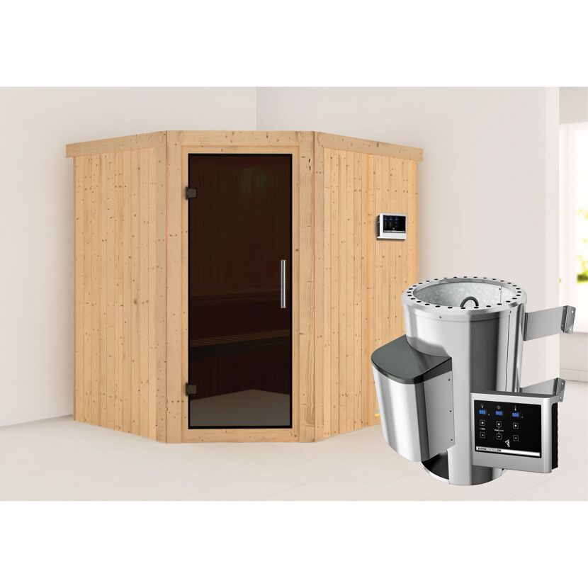 Eck-Sauna aus Holz mit Saunaofen