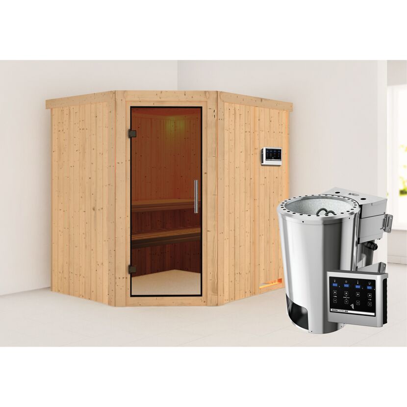 Elementsauna 'Carolina' naturbelassen mit graphitfarbener Tür 3,6 kW Bio-Ofen externe Steuerung Easy 196 x 170 x 198 cm