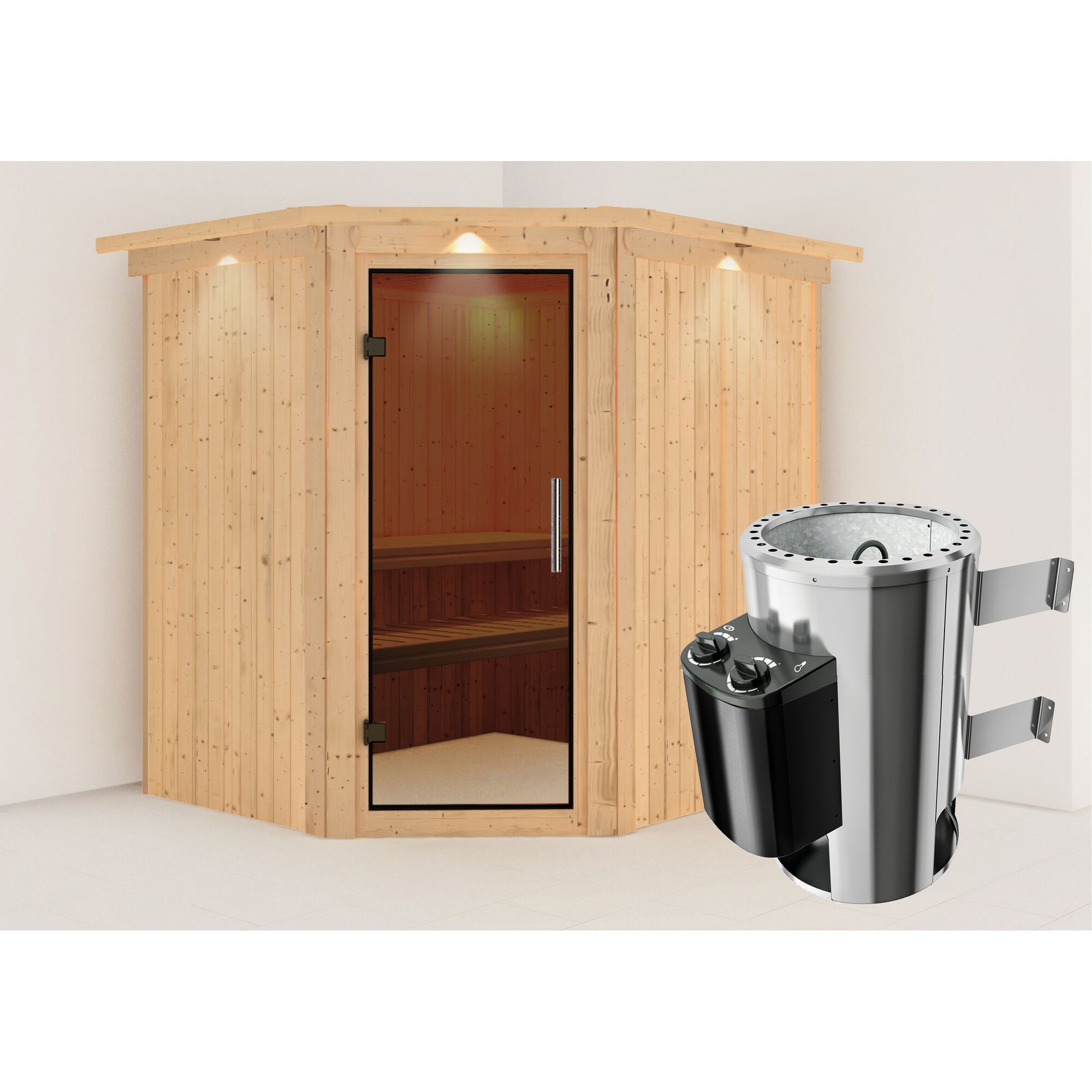Ecksauna aus Holz mit Saunaofen
