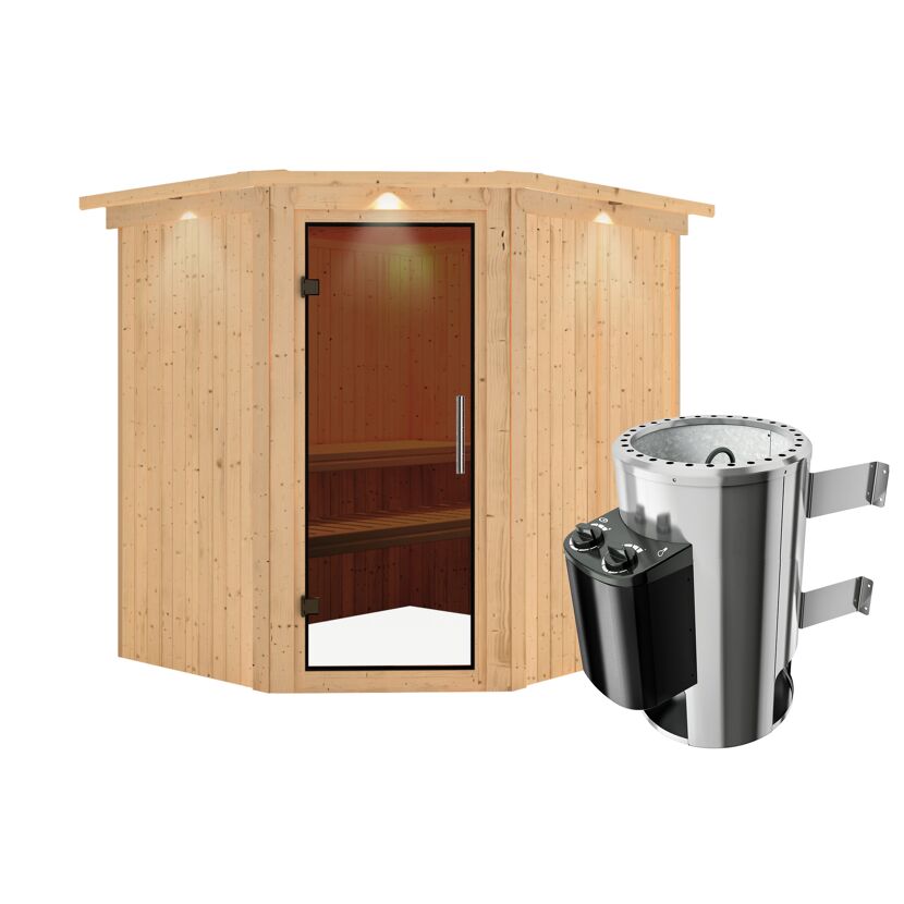 Eck-Sauna aus Holz mit Saunaofen