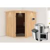Elementsauna 'Carolina' naturbelassen mit Kranz und graphitfarbener Tür 3,6 kW Ofen externe Steuerung Easy 210 x 184 x 202 cm
