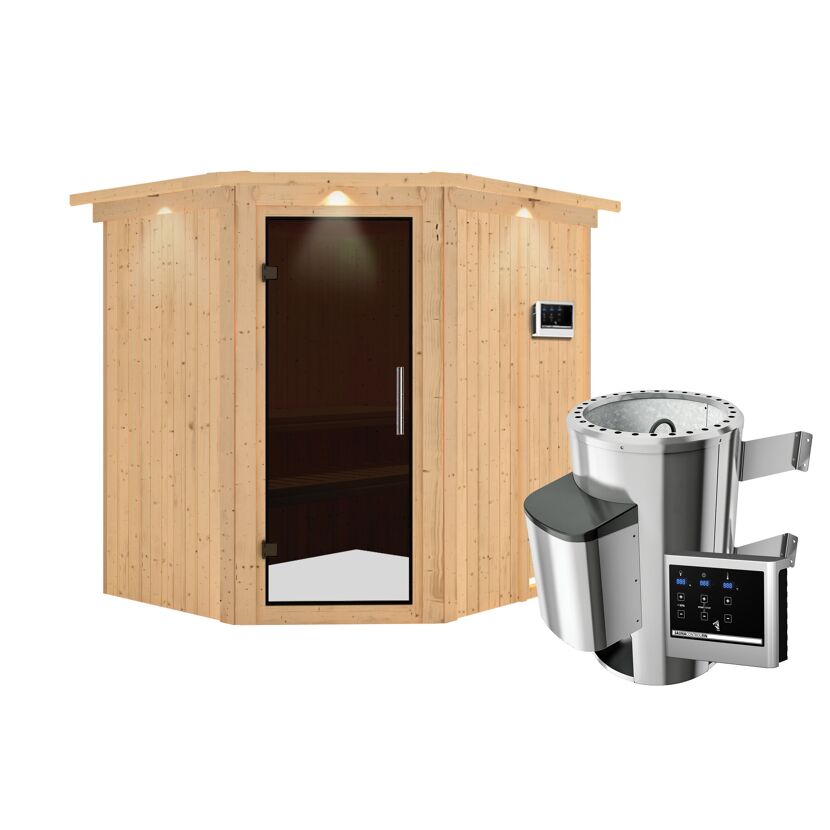 Elementsauna 'Carolina' naturbelassen mit Kranz und graphitfarbener Tür 3,6 kW Ofen externe Steuerung Easy 210 x 184 x 202 cm
