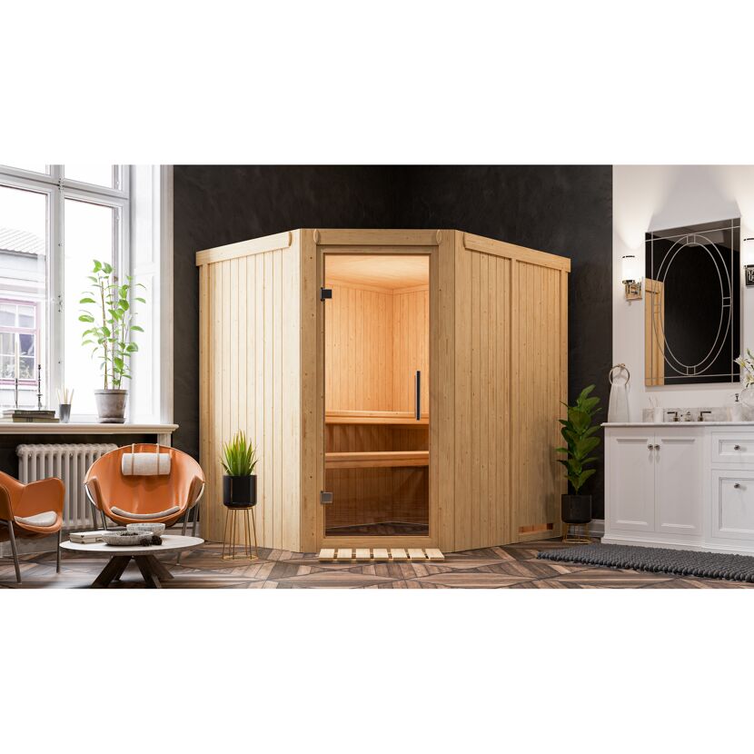 Eck-Sauna aus hellem Holz in einem Badezimmer.