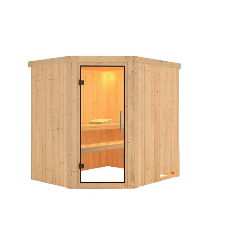 Eck-Sauna aus hellem Holz mit Glastür