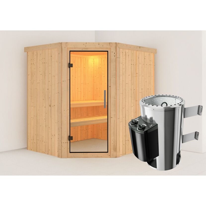 Ecksauna aus Holz mit Saunaofen