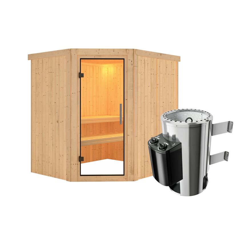 Ecksauna aus Holz mit Saunaofen