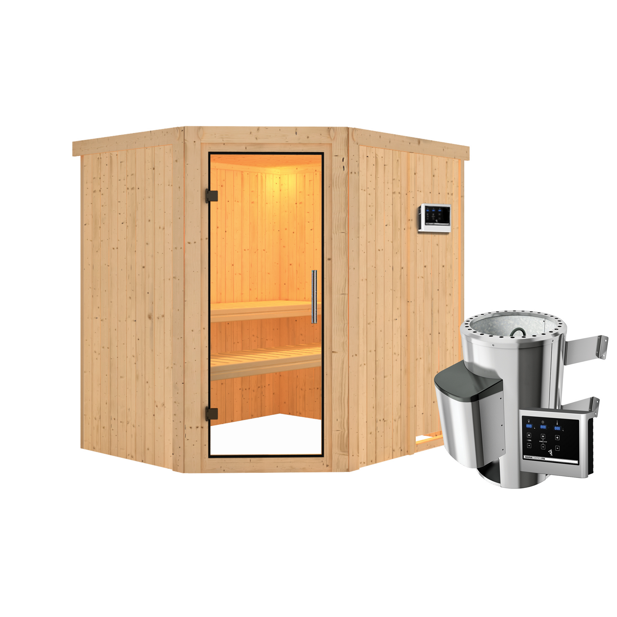 Eck-Sauna aus Holz mit Saunaofen