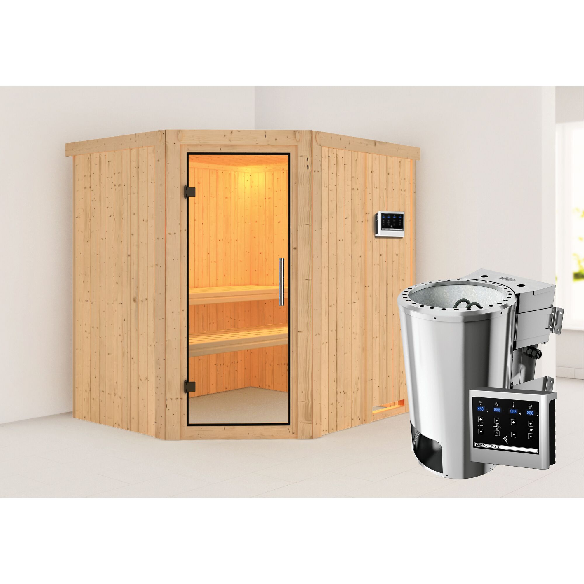 Eck-Sauna aus hellem Holz mit Saunaofen