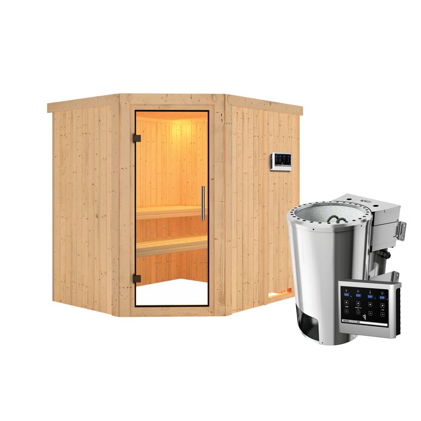 Eck-Sauna aus Holz mit Saunaofen