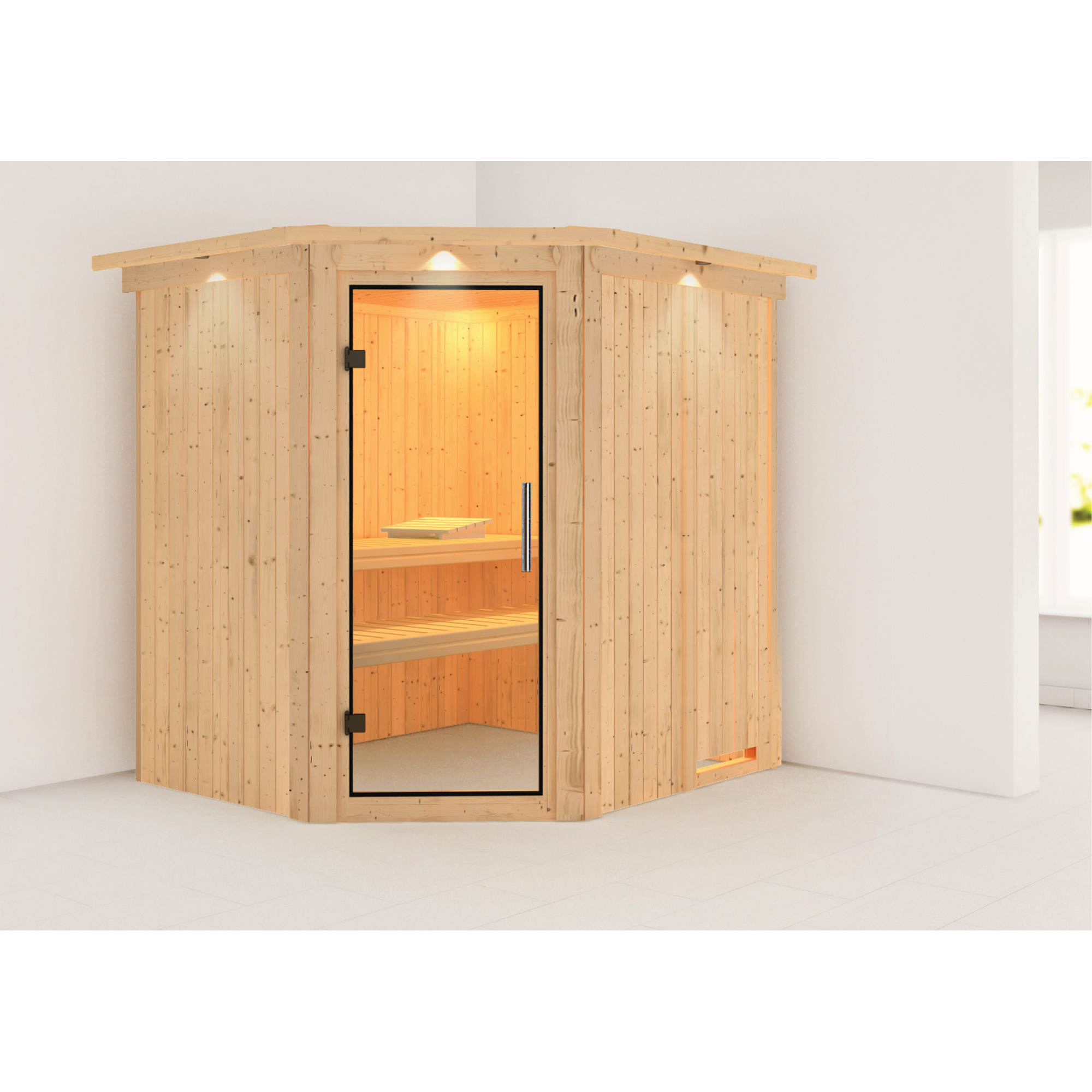 Elementsauna 'Carolina' naturbelassen mit Kranz und Klarglastür 210 x 184 x 202 cm