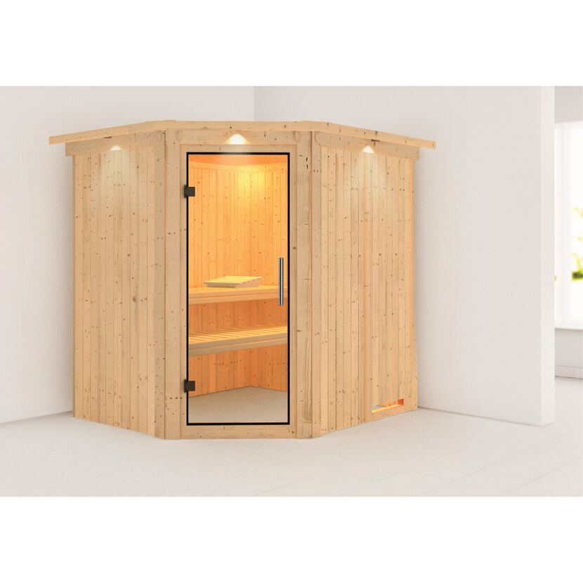 Ecksauna aus hellem Holz mit Glastür