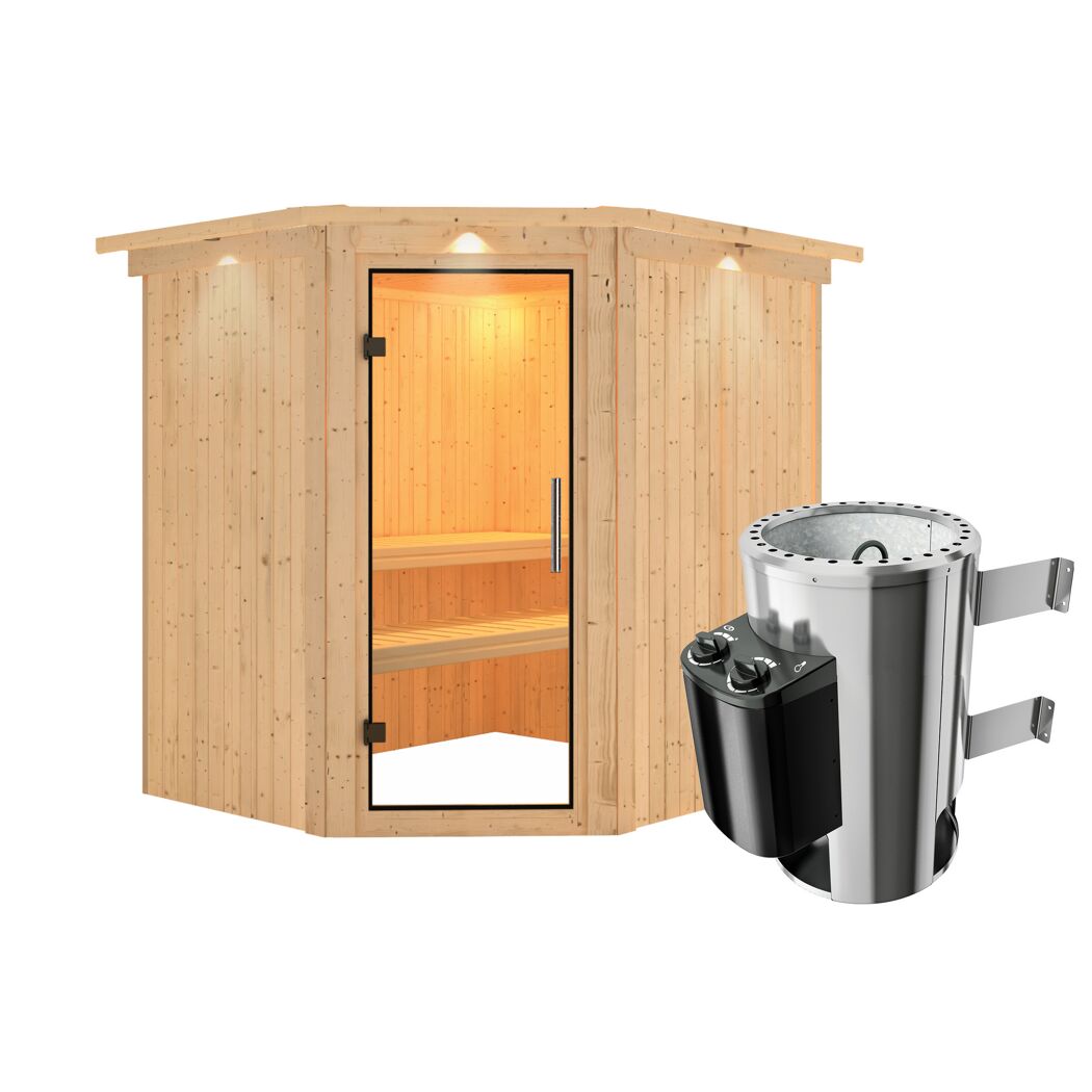 Elementsauna 'Carolina' naturbelassen mit Kranz und Klarglastür 3,6 kW Ofen integrierte Steuerung 210 x 184 x 202 cm