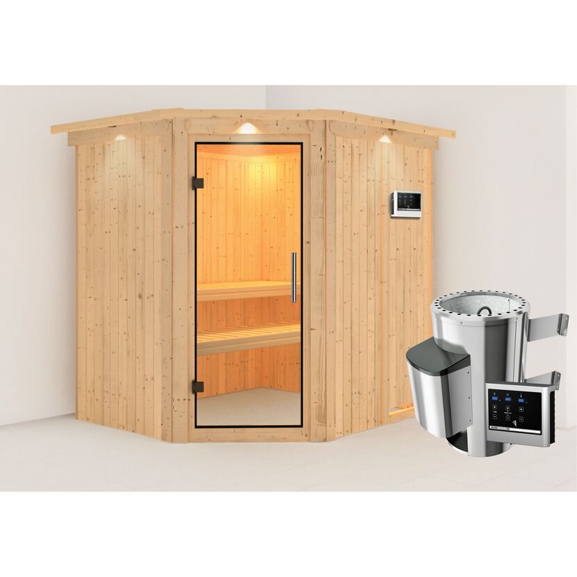 Ecksauna aus hellem Holz mit Saunaofen