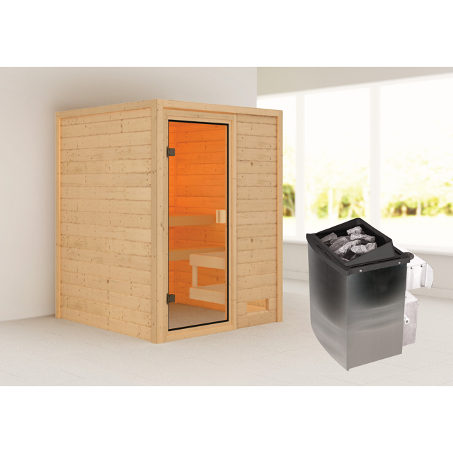Bild von Massivholzsauna 'Cristina' naturbelassen mit bronzierter Tür 9 kW Ofen integrierte Steuerung 145 x 145 x 187 cm