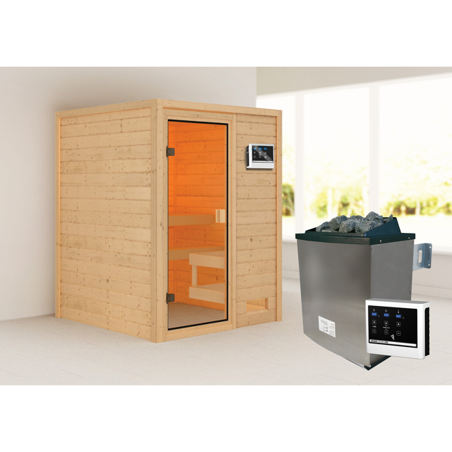 Bild von Massivholzsauna 'Cristina' naturbelassen mit bronzierter Tür 9 kW Ofen externe Steuerung 145 x 145 x 187 cm