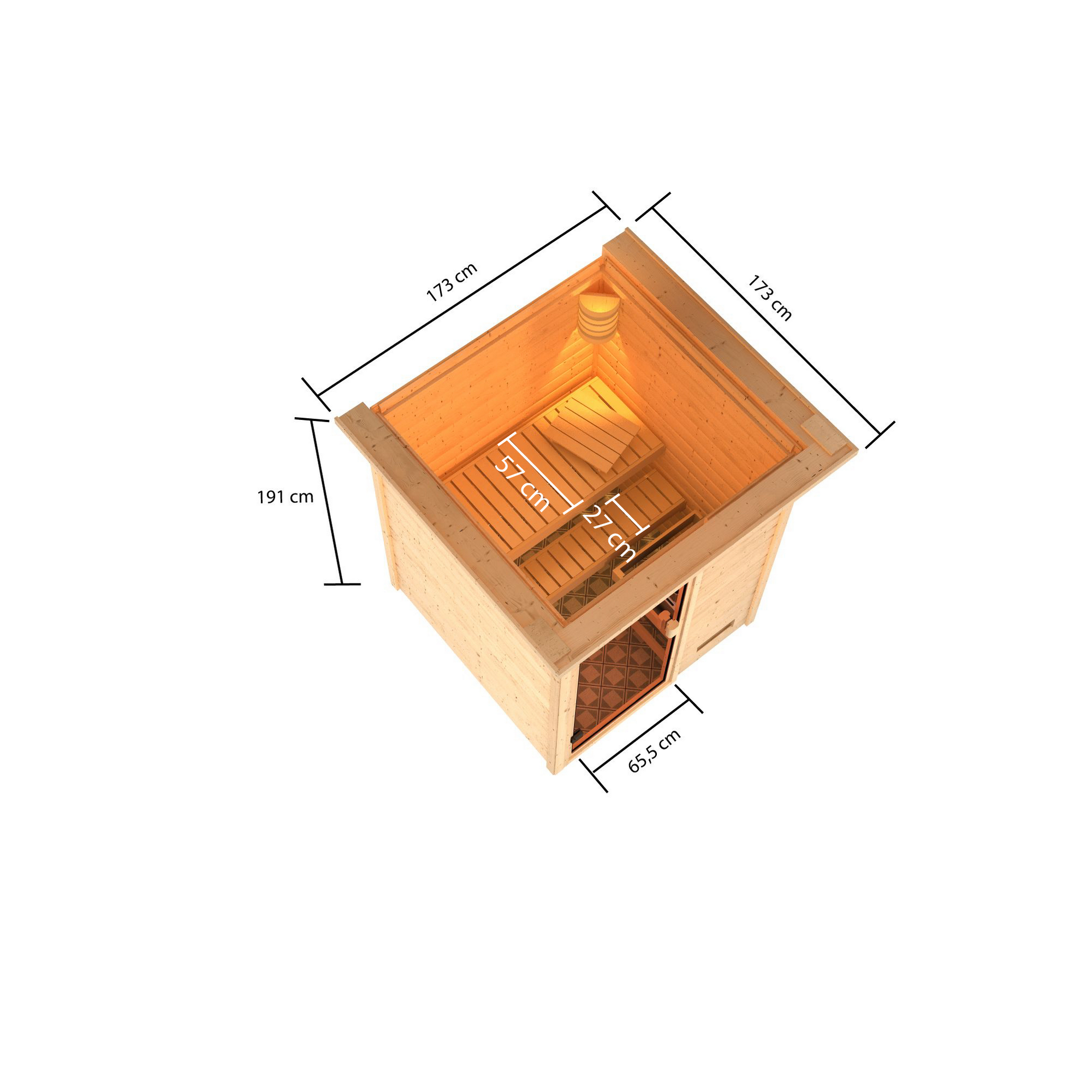 Massivholzsauna 'Cristina' naturbelassen mit Kranz und bronzierter Tür 9 kW Ofen integrierte Steuerung 173 x 159 x 191 cm + product picture