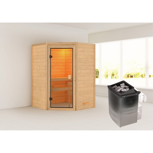 Bild von Massivholzsauna 'Dalia' naturbelassen naturbelassen mit bronzierter Tür 9 kW Ofen integrierte Steuerung 145 x 145 x 187 cm