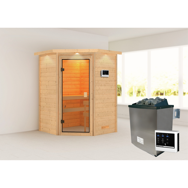 Bild von Massivholzsauna 'Dalia' naturbelassen mit Kranz und bronzierter Tür 9 kW Ofen externe Steuerung 173 x 159 x 191 cm