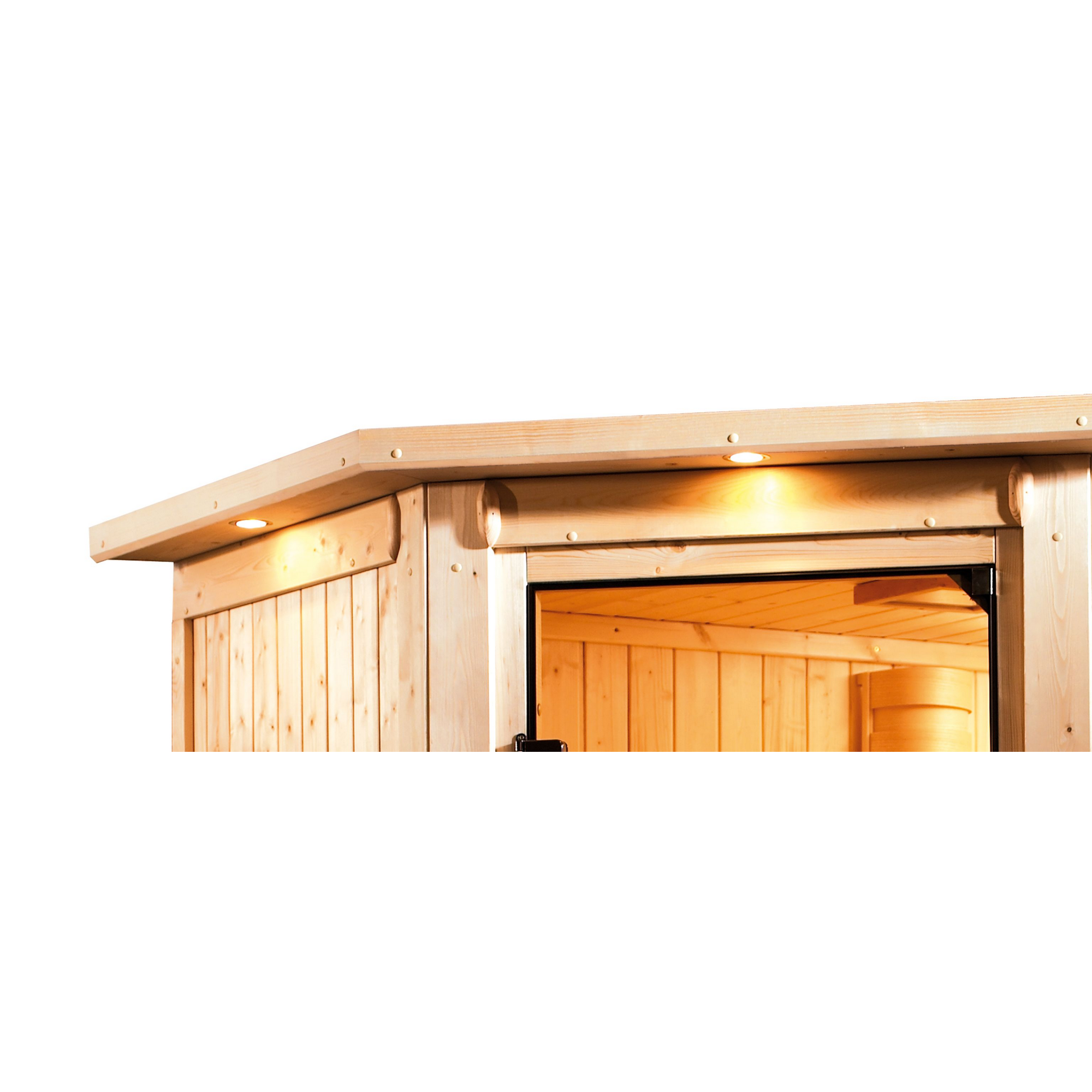 Massivholzsauna 'Dalia' naturbelassen mit Kranz und bronzierter Tür 9 kW Ofen externe Steuerung 173 x 159 x 191 cm + product picture
