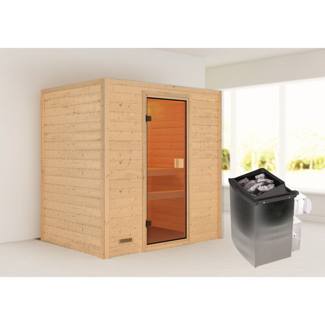 Bild von Massivholzsauna 'Daniela' naturbelassen mit bronzierter Tür 9 kW Ofen integrierte Steuerung 195 x 145 x 187 cm