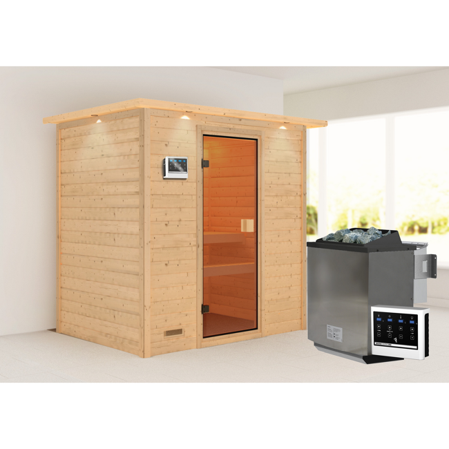 Bild von Massivholzsauna 'Daniela' naturbelassen mit Kranz und bronzierter Tür 9 kW Bio-Ofen externe Steuerung 223 x 159 x 191 cm