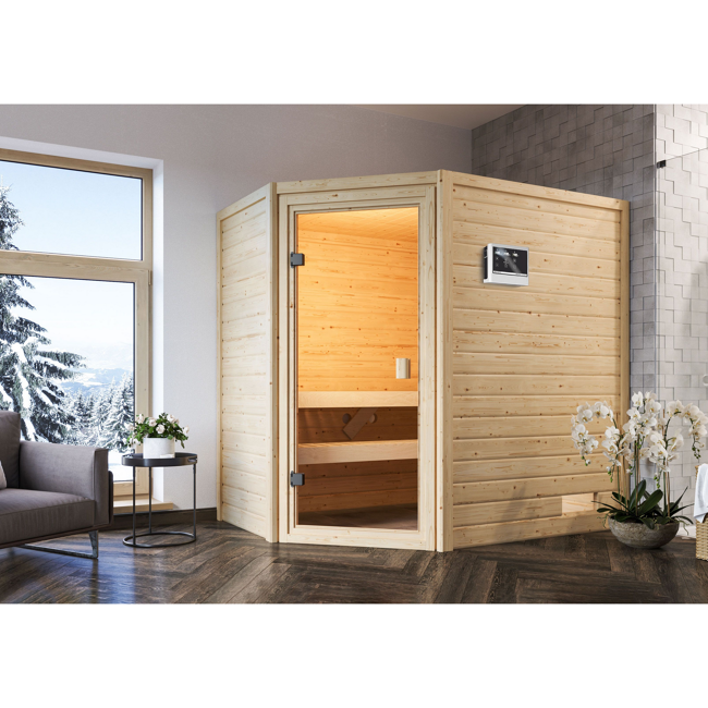 Bild von Massivholzsauna 'Delia' naturbelassen mit bronzierter Tür 9 kW Ofen externe Steuerung 195 x 145 x 187 cm
