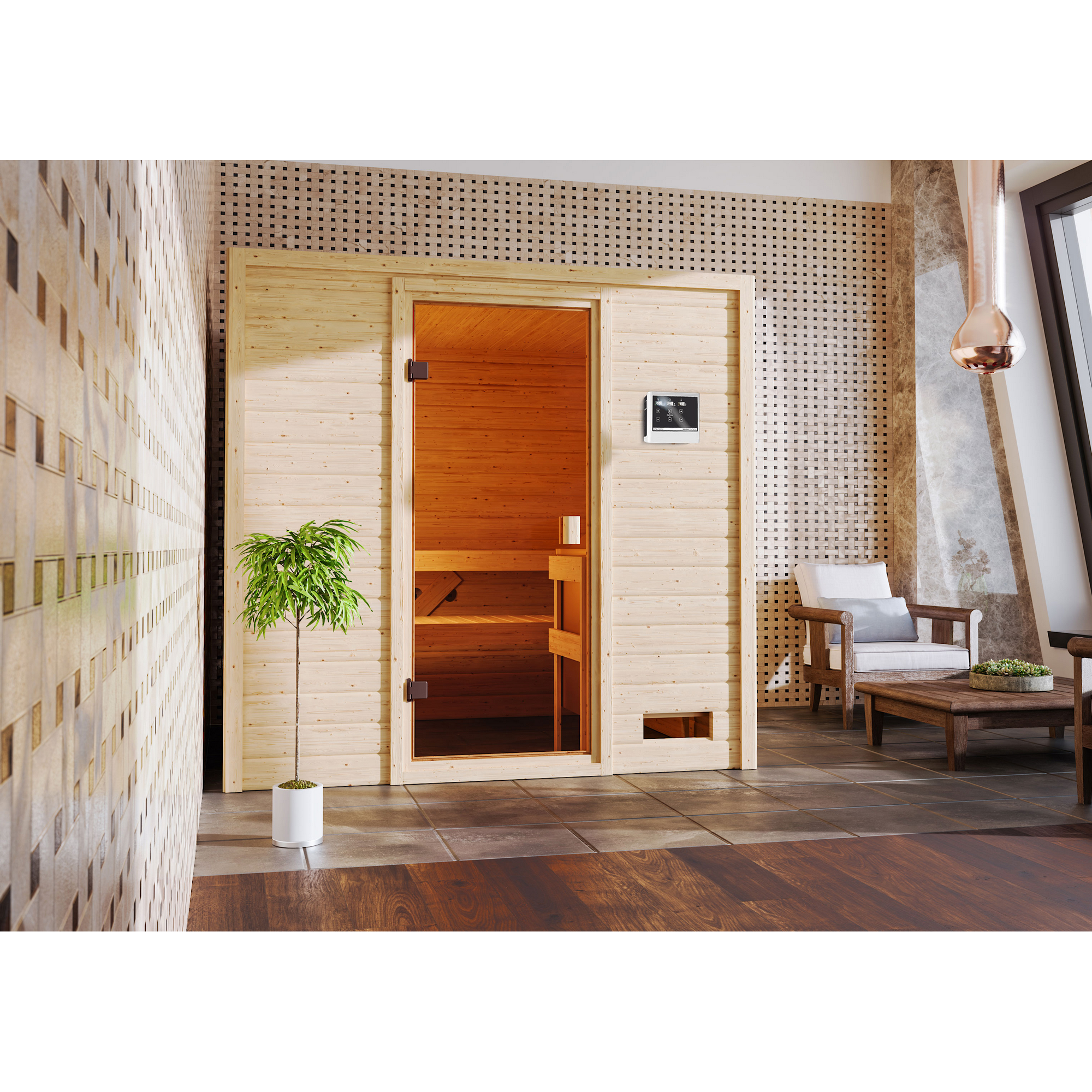 Massivholzsauna 'Donna' naturbelassen mit bronzierter Tür 9 kW Ofen externe Steuerung 195 x 169 x 187 cm + product picture