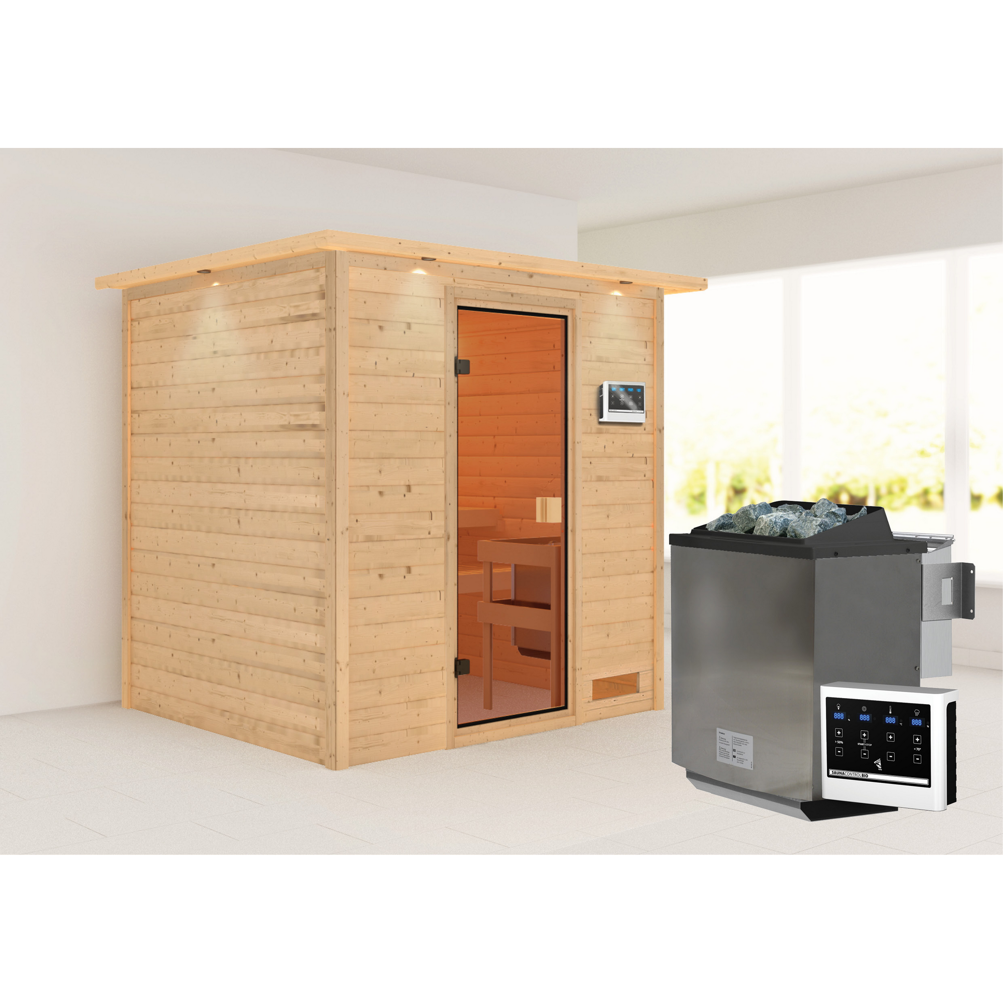 Massivholzsauna 'Donna' naturbelassen mit Kranz und bronzierter Tür 9 kW Bio-Ofen externe Steuerung 223 x 183 x 191 cm + product picture