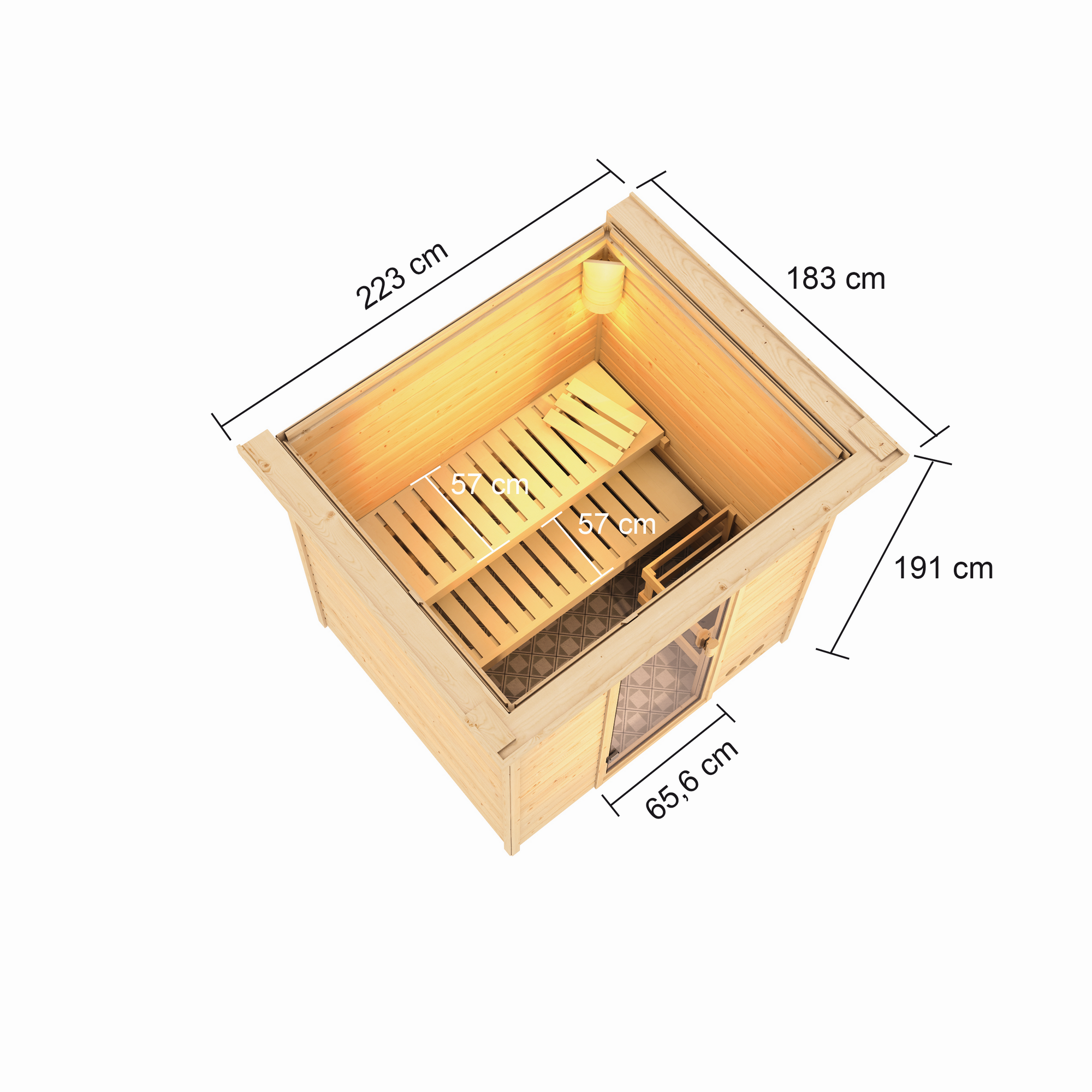 Massivholzsauna 'Donna' naturbelassen mit Kranz und bronzierter Tür 9 kW Bio-Ofen externe Steuerung 223 x 183 x 191 cm + product picture