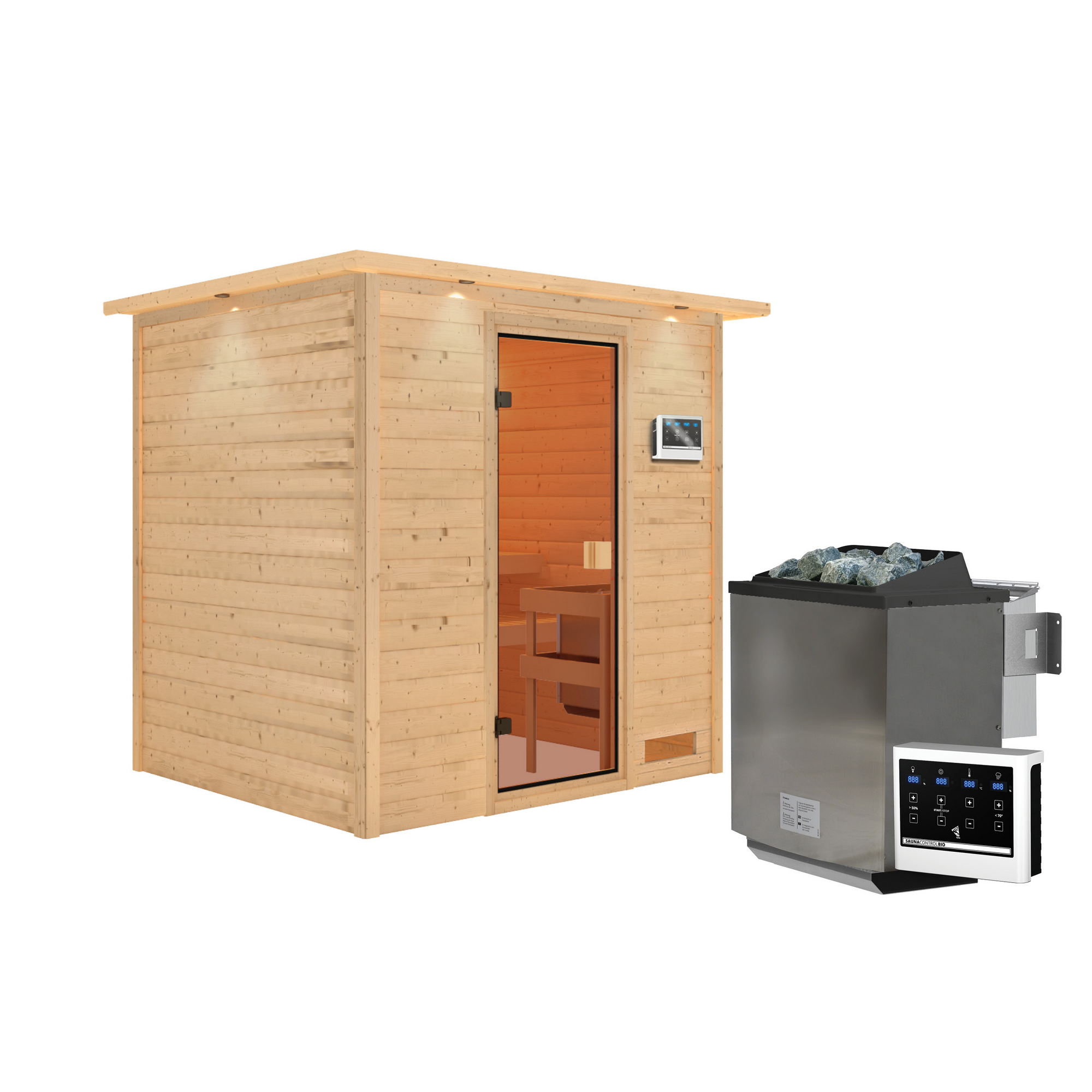 Massivholzsauna 'Donna' naturbelassen mit Kranz und bronzierter Tür 9 kW Bio-Ofen externe Steuerung 223 x 183 x 191 cm + product picture