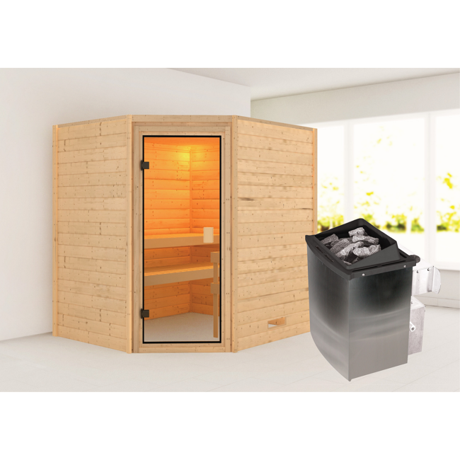 Bild von Massivholzsauna 'Elena' naturbelassen mit bronzierter Tür 9 kW Ofen integrierte Steuerung 195 x 169 x 187 cm