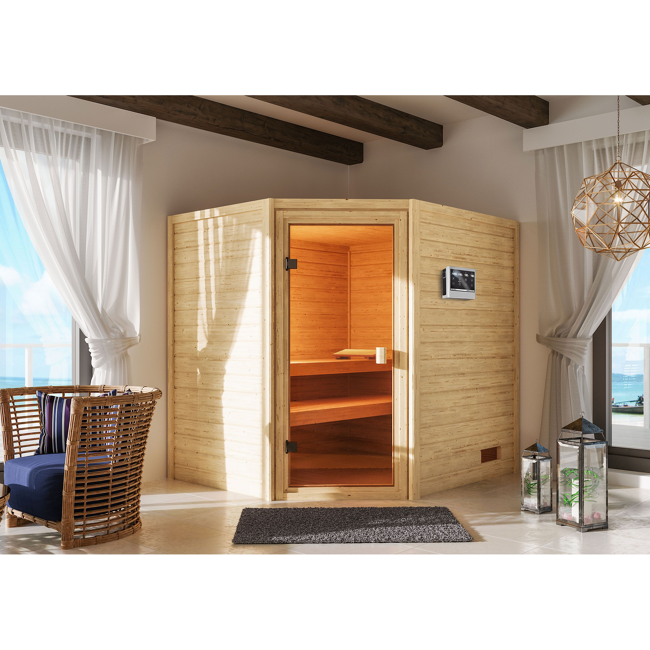 Bild von Massivholzsauna 'Elena' naturbelassen mit bronzierter Tür 9 kW Bio-Ofen externe Steuerung 195 x 169 x 187 cm