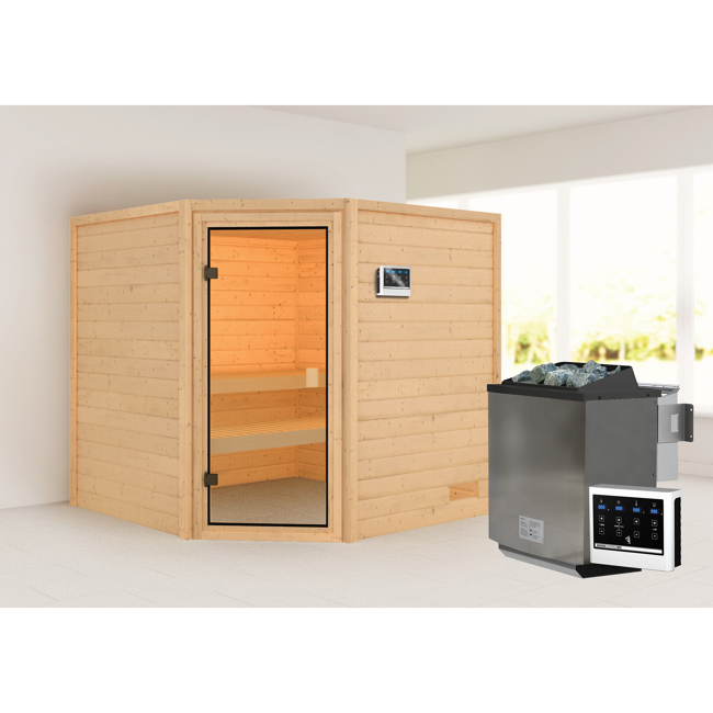Bild von Massivholzsauna 'Estefania' naturbelassen mit bronzierter Tür 9 kW Bio-Ofen externe Steuerung 195 x 195 x 187 cm