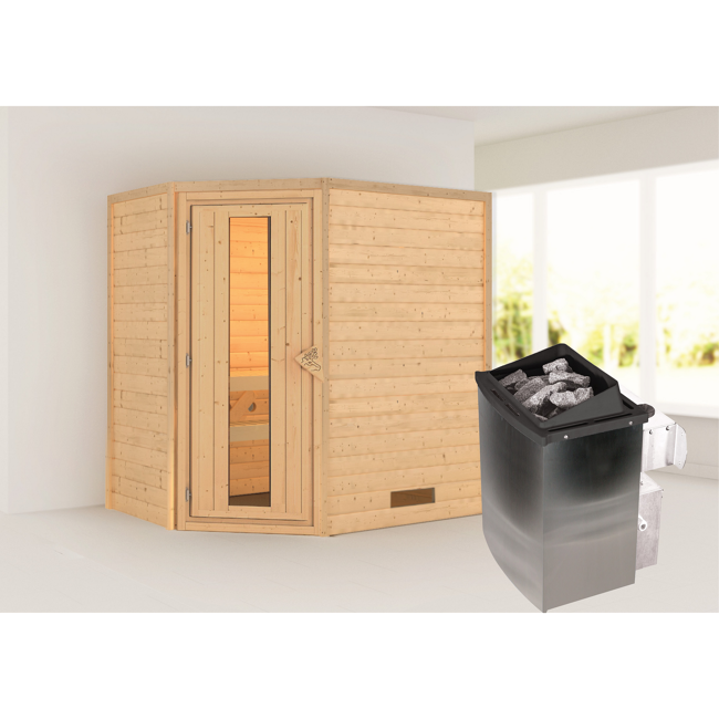 Bild von Massivholzsauna 'Imelda' naturbelassem mit Energiespartür 9 kW Ofen integrierte Steuerung 196 x 146 x 198 cm