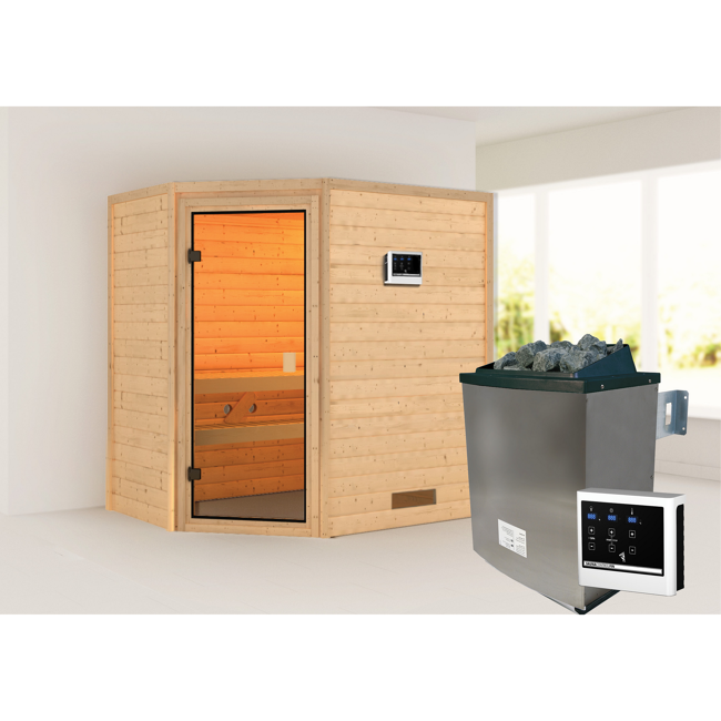 Bild von Massivholzsauna 'Imelda' naturbelassen mit bronzierter Tür 9 kW Ofen externe Steuerung modern 196 x 146 x 198 cm