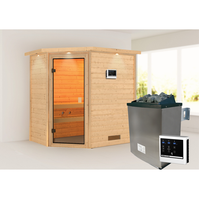 Bild von Massivholzsauna 'Imelda' naturbelassen mit Kranz und bronzierter Tür 9 kW Ofen externe Steuerung modern 224 x 160 x 202 cm