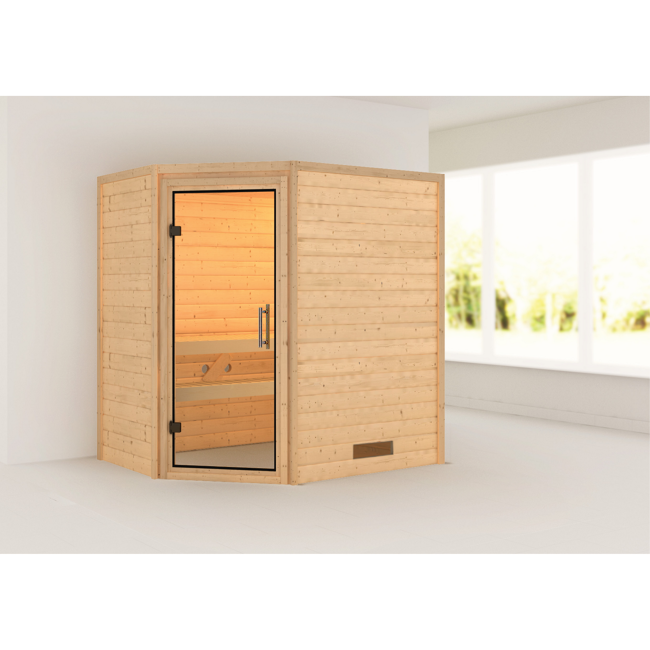 Bild von Massivholzsauna 'Imelda' naturbelassen mit Klarglastür 196 x 146 x 198 cm