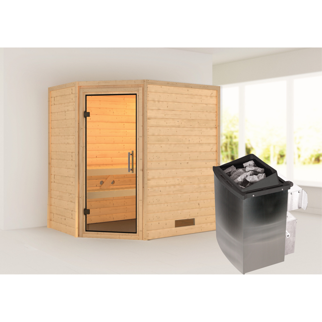 Bild von Massivholzsauna 'Imelda' naturbelassen mit Klarglastür 9 kW Ofen integrierte Steuerung 196 x 146 x 198 cm