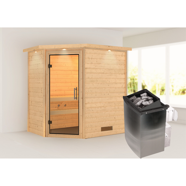Bild von Massivholzsauna 'Imelda' naturbelassen mit Kranz und Klarglastür 9 kW Ofen integrierte Steuerung 224 x 160 x 202 cm