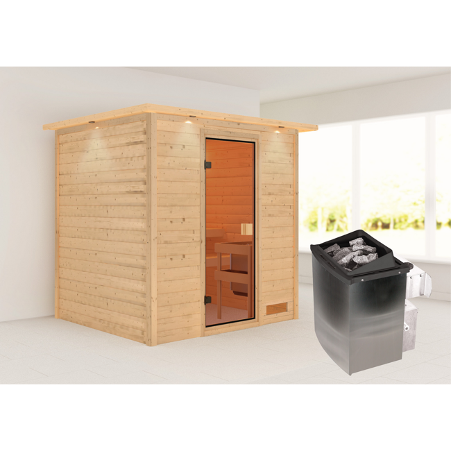 Bild von Massivholzsauna 'Jacinta' naturbelassen mit Kranz und bronzierter Tür 9 kW Ofen integrierte Steuerung 224 x 184 x 202 cm