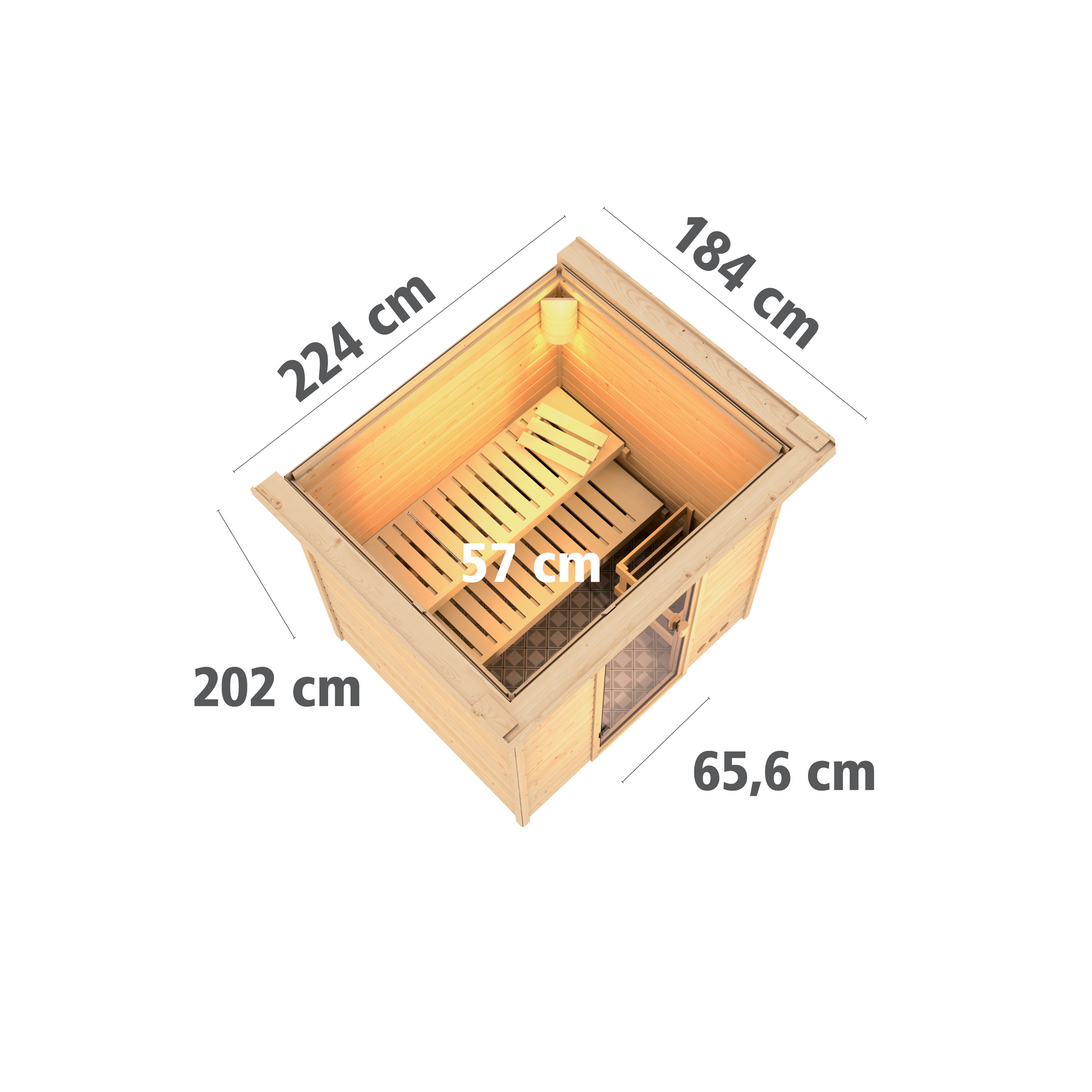 Massivholzsauna 'Jacinta' naturbelassen mit Kranz und bronzierter Tür 9 kW Ofen integrierte Steuerung 224 x 184 x 202 cm + product picture
