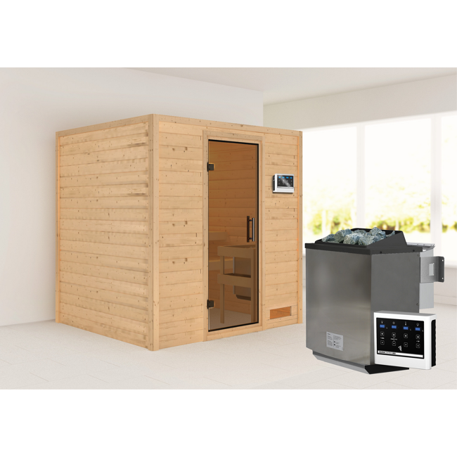 Bild von Massivholzsauna 'Jacinta' naturbelassen mit graphitfarbener Tür 9 kW Bio-Ofen externe Steuerung modern 196 x 170 x 198 cm
