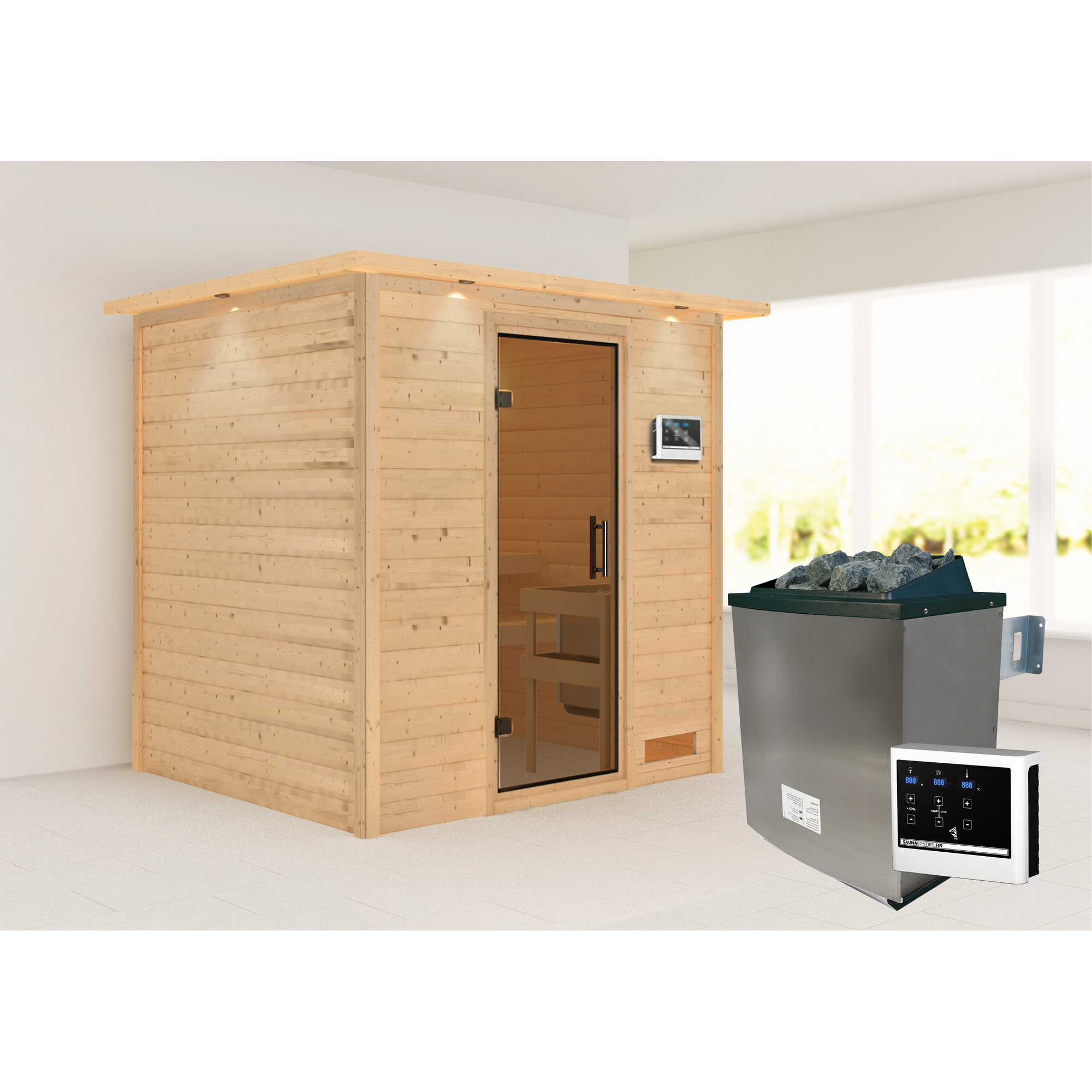 Karibu Massivholzsauna 'Jacinta' naturbelassen mit Kranz und graphitfarbener Tür 9 kW Ofen externe Steuerung modern 224 x 184 x 202 cm
