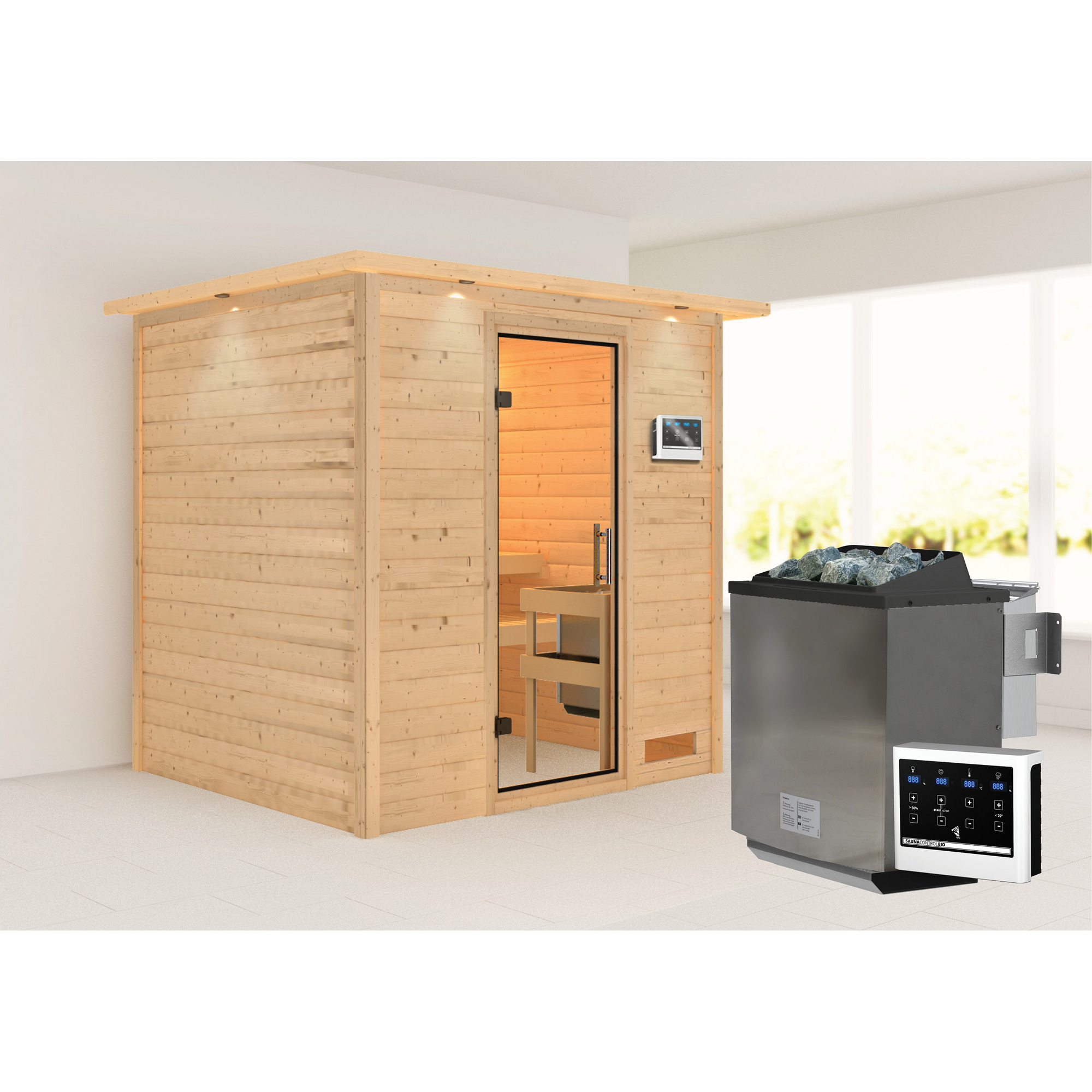 Karibu Massivholzsauna 'Jacinta' naturbelassen mit Kranz und Klarglastür 9 kW Bio-Ofen externe Steuerung modern 224 x 184 x 202 cm