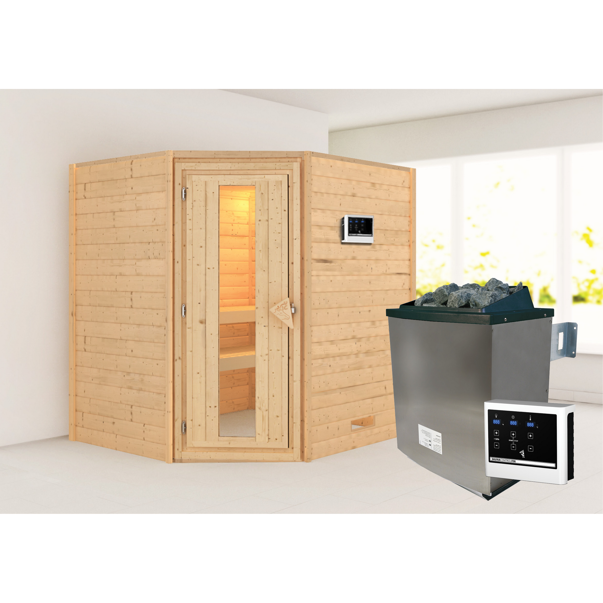 Karibu Massivholzsauna 'Julieta' naturbelassen mit Energiespartür 9 kW Ofen externe Steuerung modern 196 x 170 x 198 cm