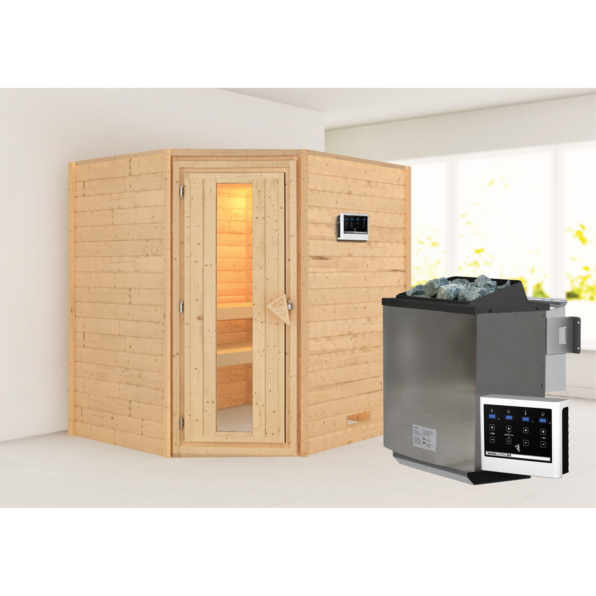 Karibu Massivholzsauna 'Julieta' naturbelassen mit Energiespartür 9 kW Bio-Ofen externe Steuerung modern 196 x 170 x 198 cm
