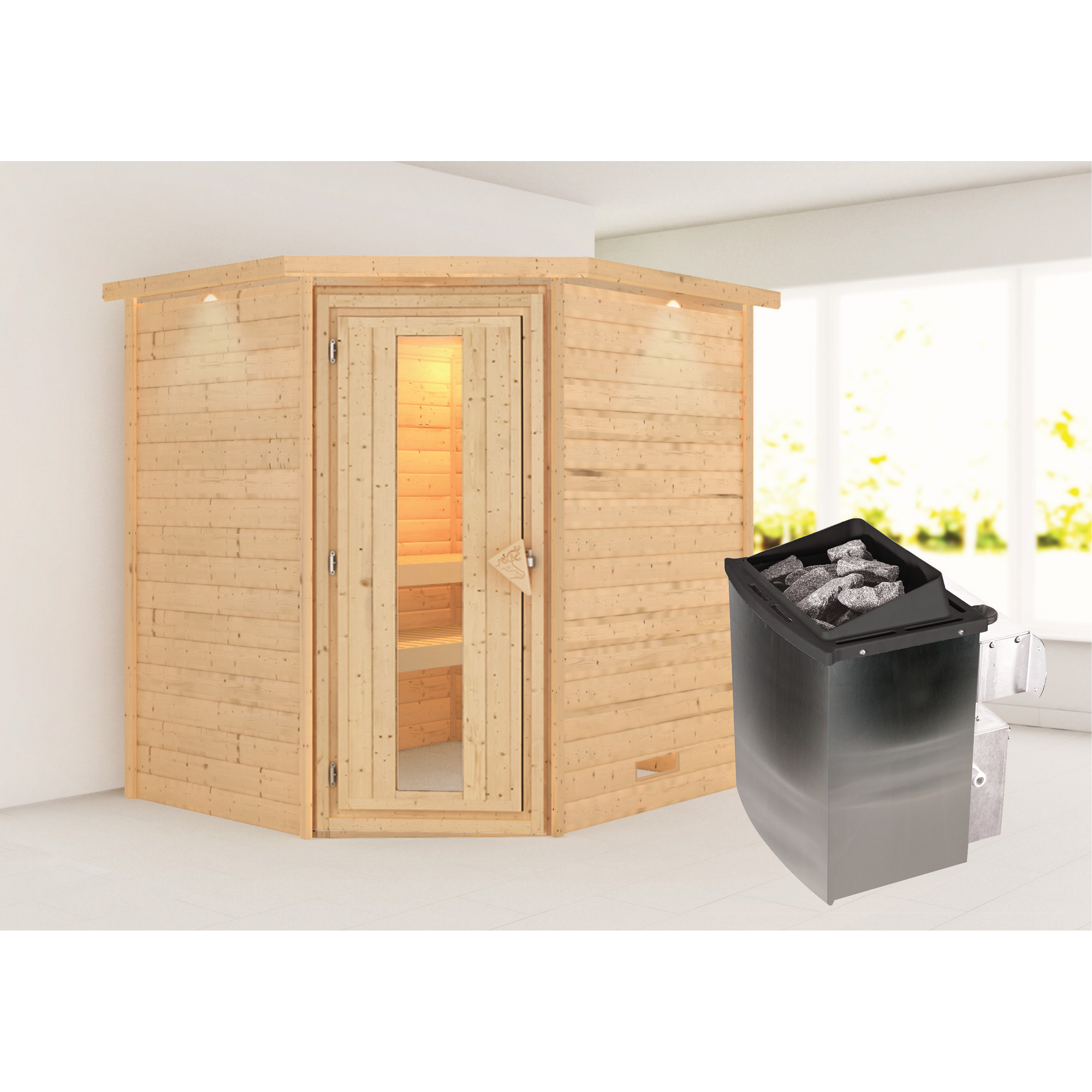 Karibu Massivholzsauna 'Julieta' naturbelassen mit Kranz und Energiespartür 9 kW Ofen integrierte Steuerung 224 x 184 x 202 cm