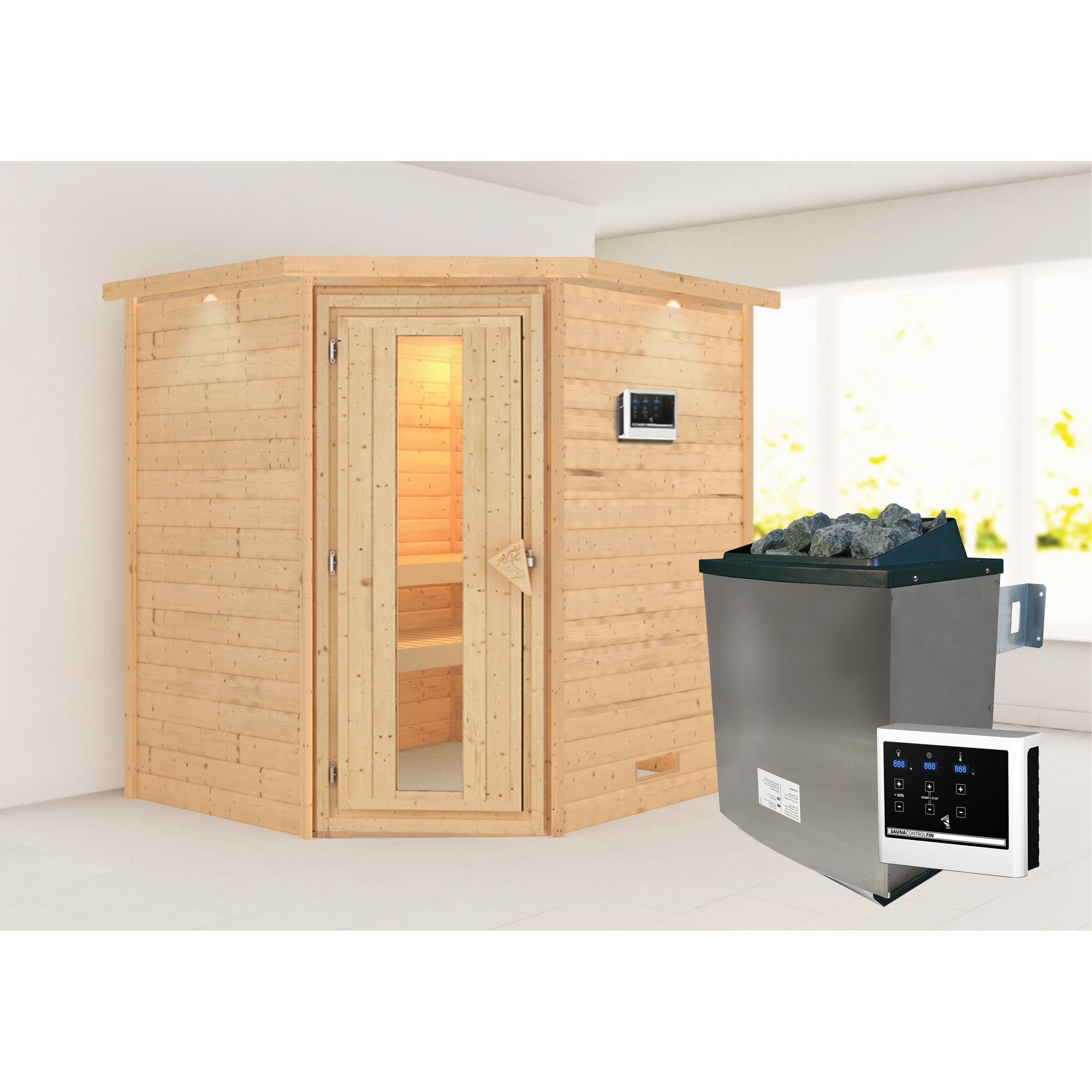Karibu Massivholzsauna 'Julieta' naturbelassen mit Kranz und Energiespartür 9 kW Ofen externe Steuerung modern 224 x 184 x 202 cm
