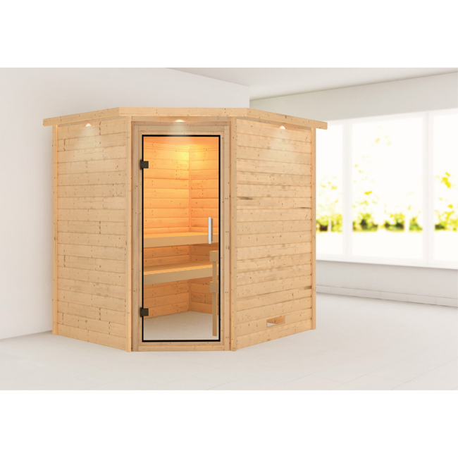 Bild von Massivholzsauna 'Julieta' naturbelassen mit Kranz und Klarglastür 224 x 184 x 202 cm