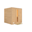 Sauna aus hellem Holz mit Glastür.